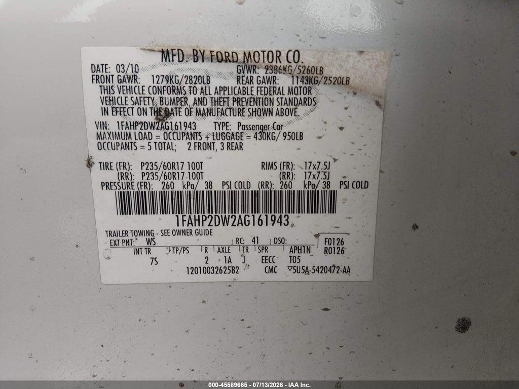 1FAHP2DW2AG161943 2010 FORD TAURUS photo no. 9
