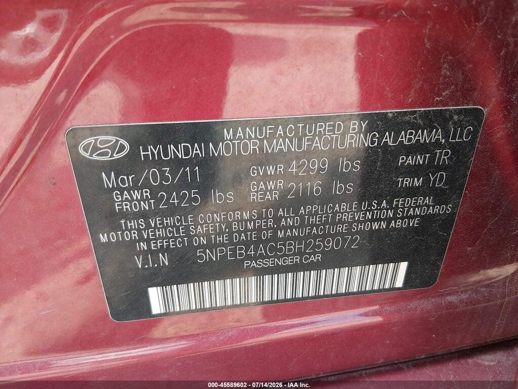 5NPEB4AC5BH259072 2011 HYUNDAI SONATA photo no. 9