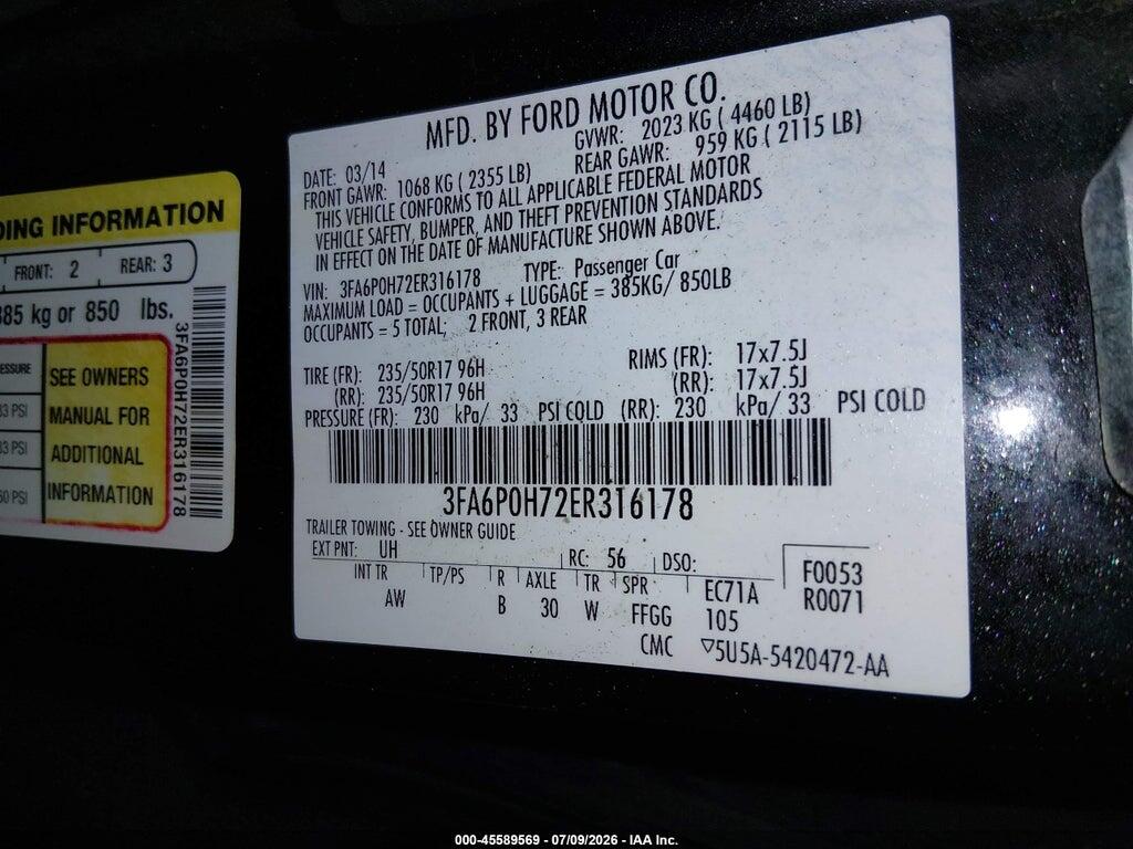 3FA6P0H72ER316178 2014 FORD FUSION photo no. 9