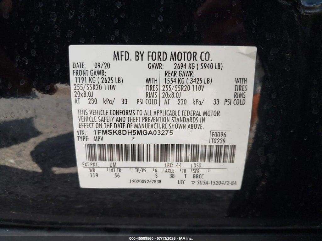 1FMSK8DH5MGA03275 2021 FORD EXPLORER photo no. 9