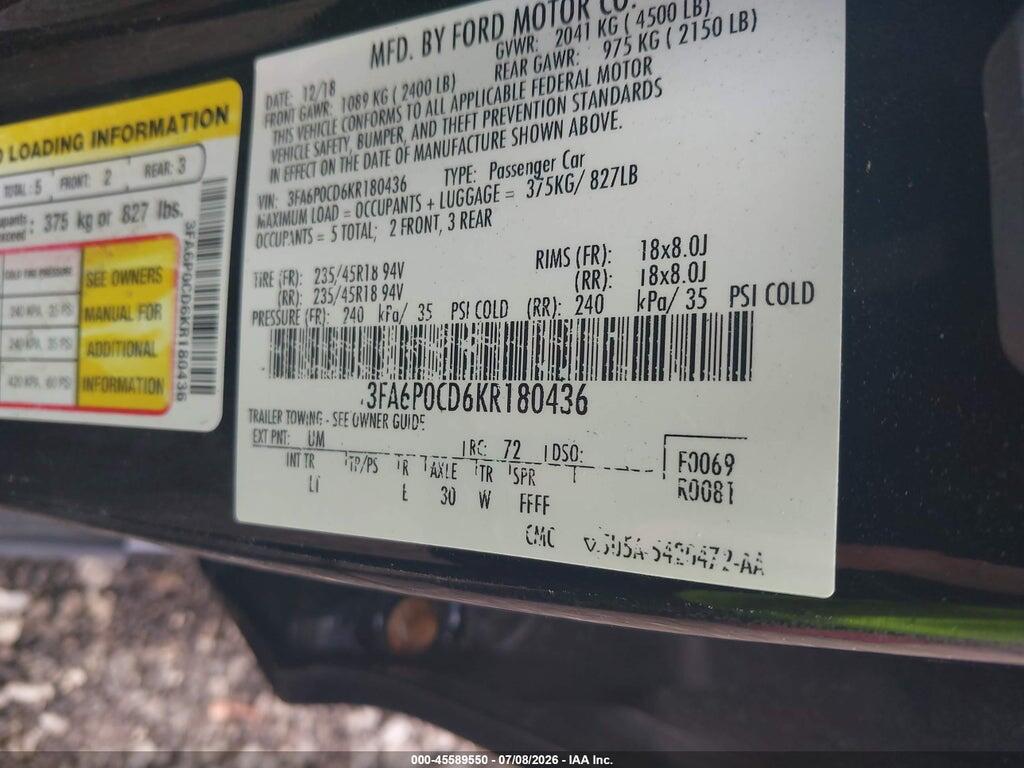 3FA6P0CD6KR180436 2019 FORD FUSION photo no. 9