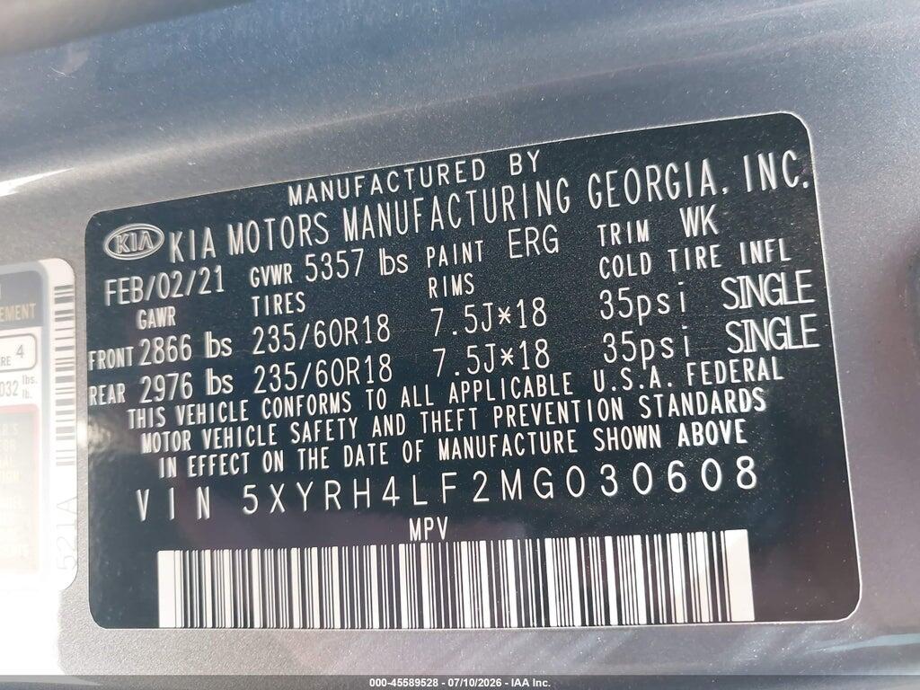 5XYRH4LF2MG030608 2021 KIA SORENTO photo no. 9