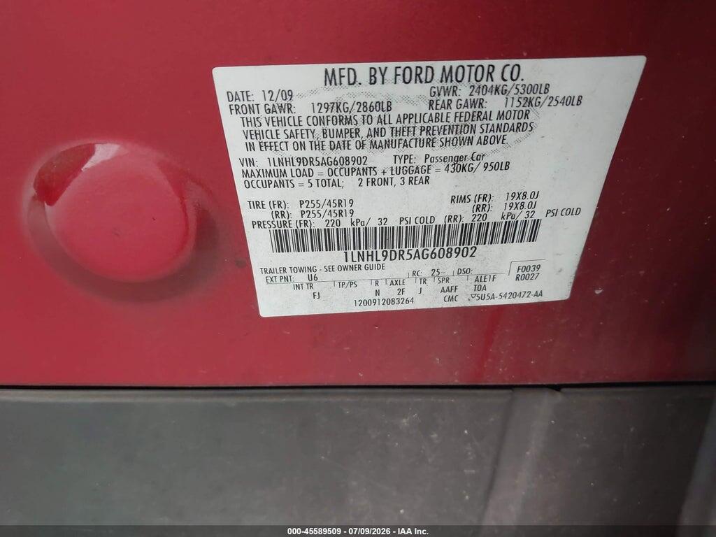 1LNHL9DR5AG608902 2010 LINCOLN MKS photo no. 9