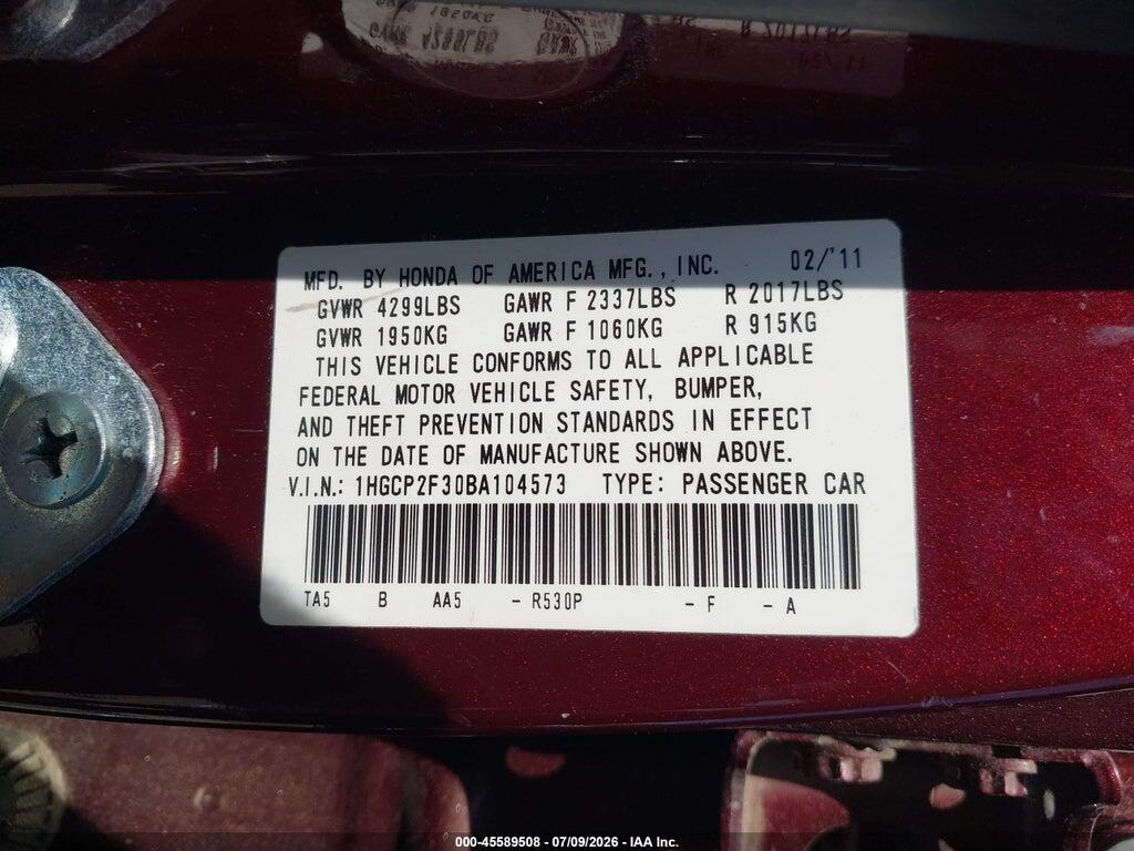 1HGCP2F30BA104573 2011 HONDA ACCORD photo no. 9