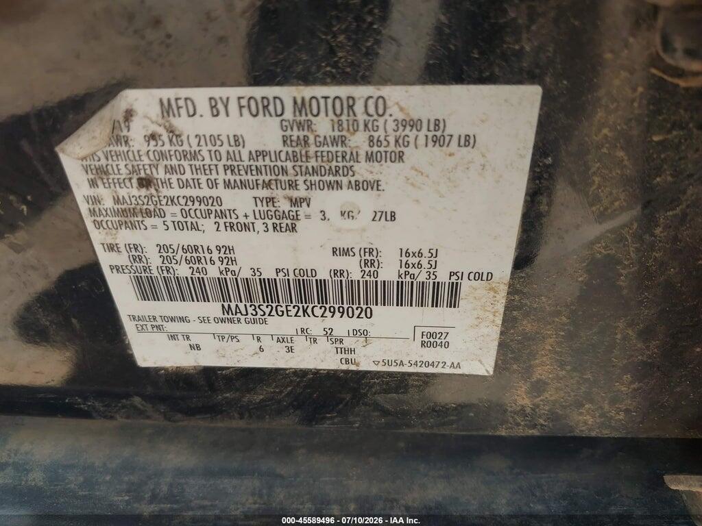 MAJ3S2GE2KC299020 2019 FORD ECOSPORT photo no. 9