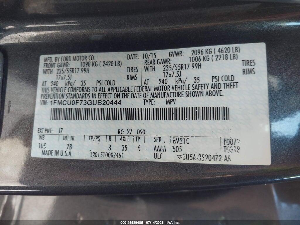 1FMCU0F73GUB20444 2016 FORD ESCAPE photo no. 9