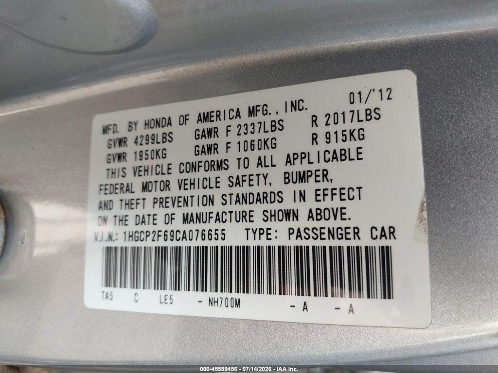 1HGCP2F69CA076655 2012 HONDA ACCORD photo no. 9