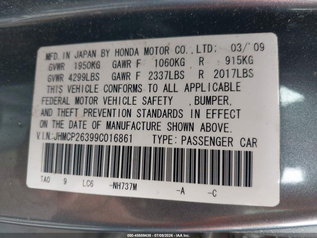 JHMCP26399C016861 2009 HONDA ACCORD photo no. 9