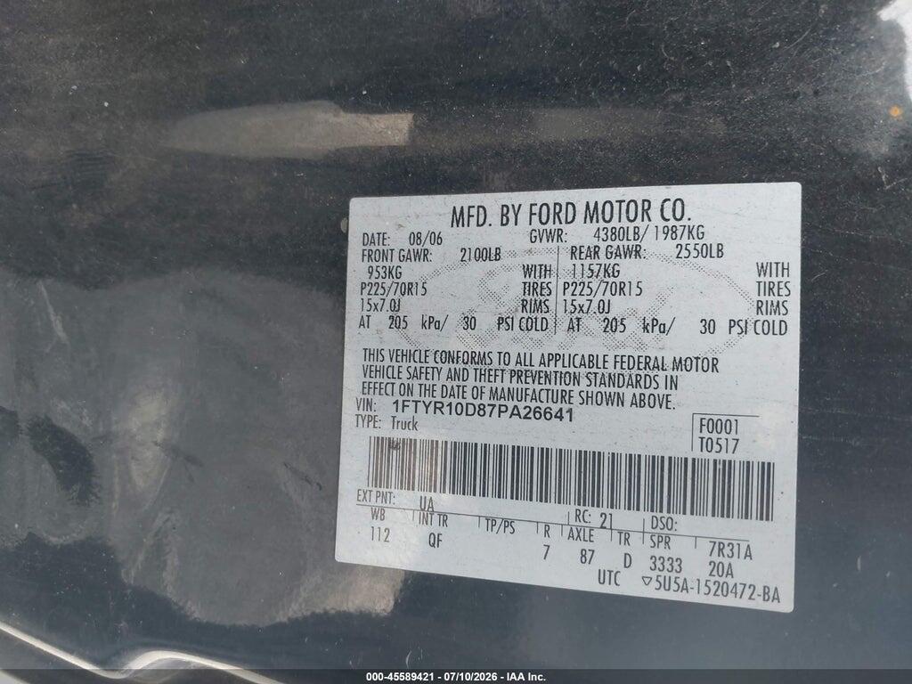 1FTYR10D87PA26641 2007 FORD RANGER photo no. 9
