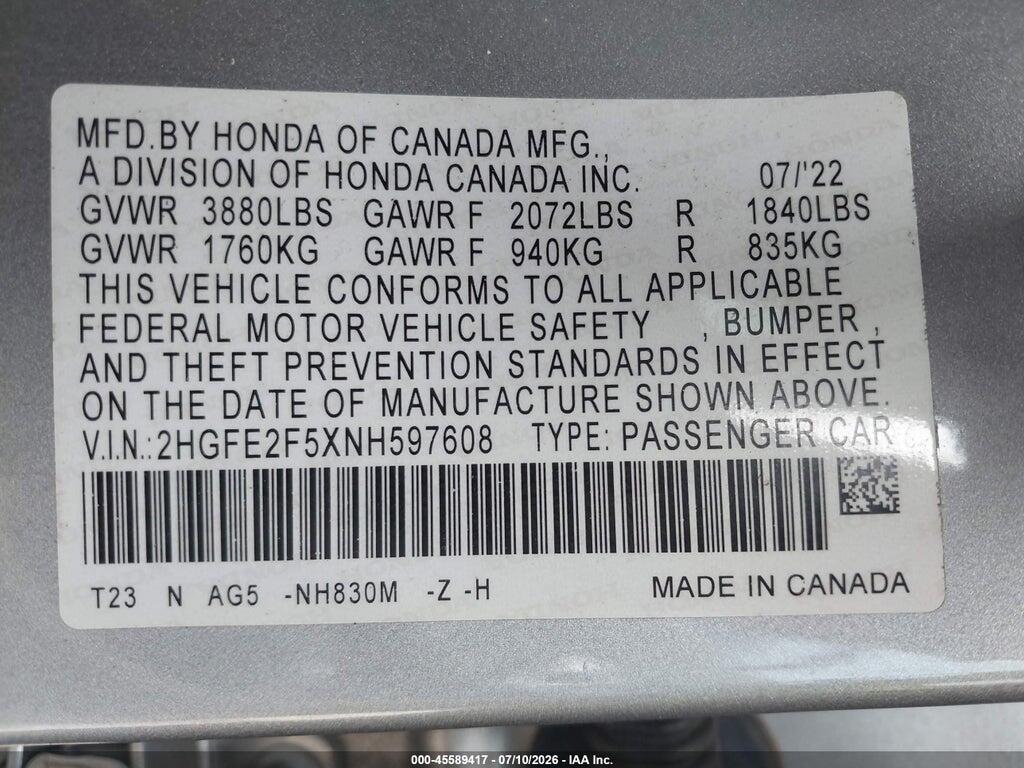 2HGFE2F5XNH597608 2022 HONDA CIVIC photo no. 9