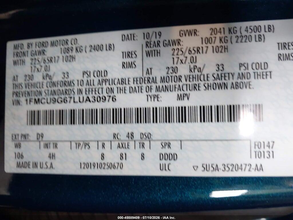 1FMCU9G67LUA30976 2020 FORD ESCAPE photo no. 9