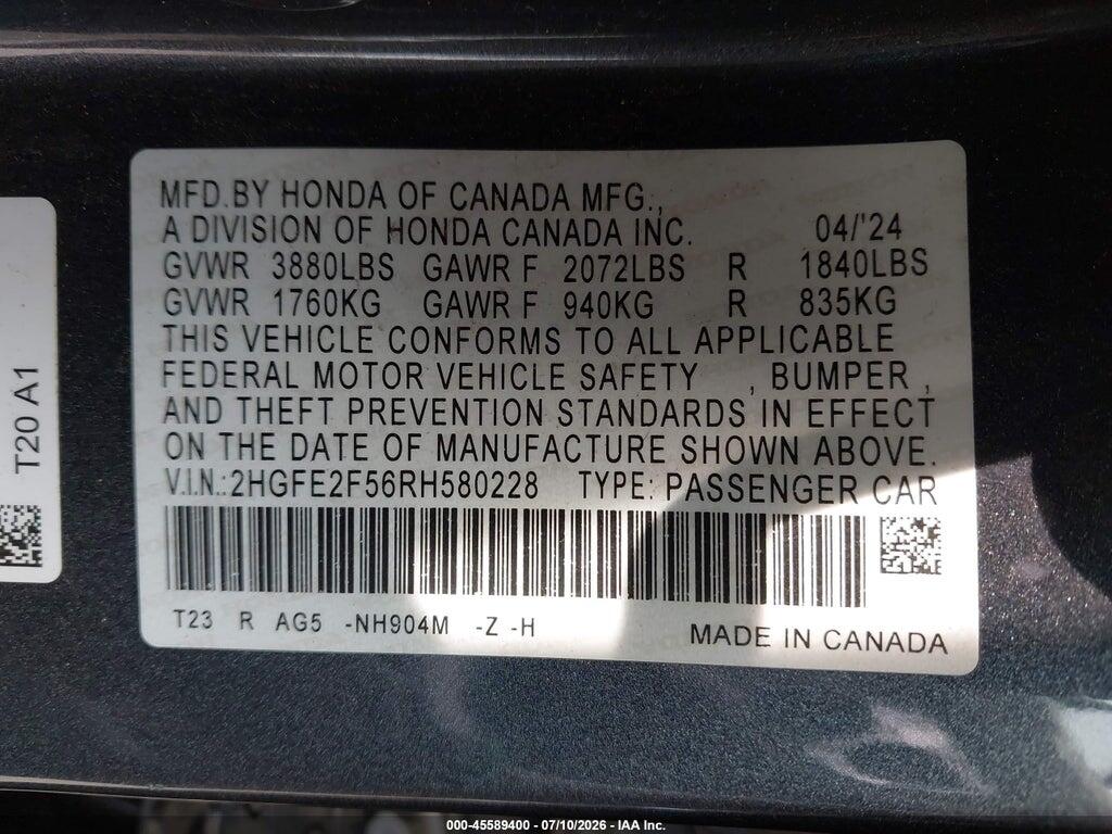 2HGFE2F56RH580228 2024 HONDA CIVIC photo no. 9