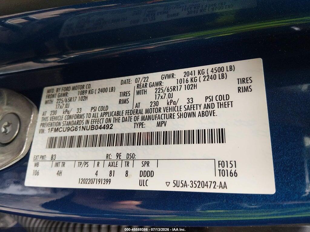 1FMCU9G61NUB04492 2022 FORD ESCAPE photo no. 9