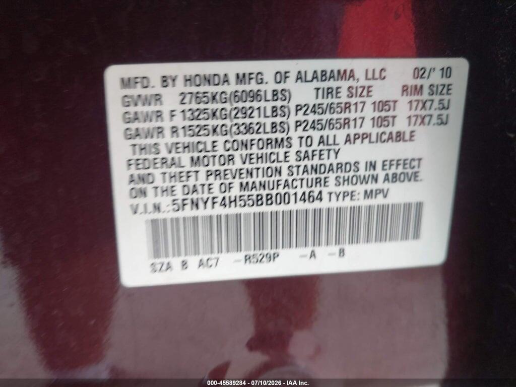 5FNYF4H55BB001464 2011 HONDA PILOT photo no. 9