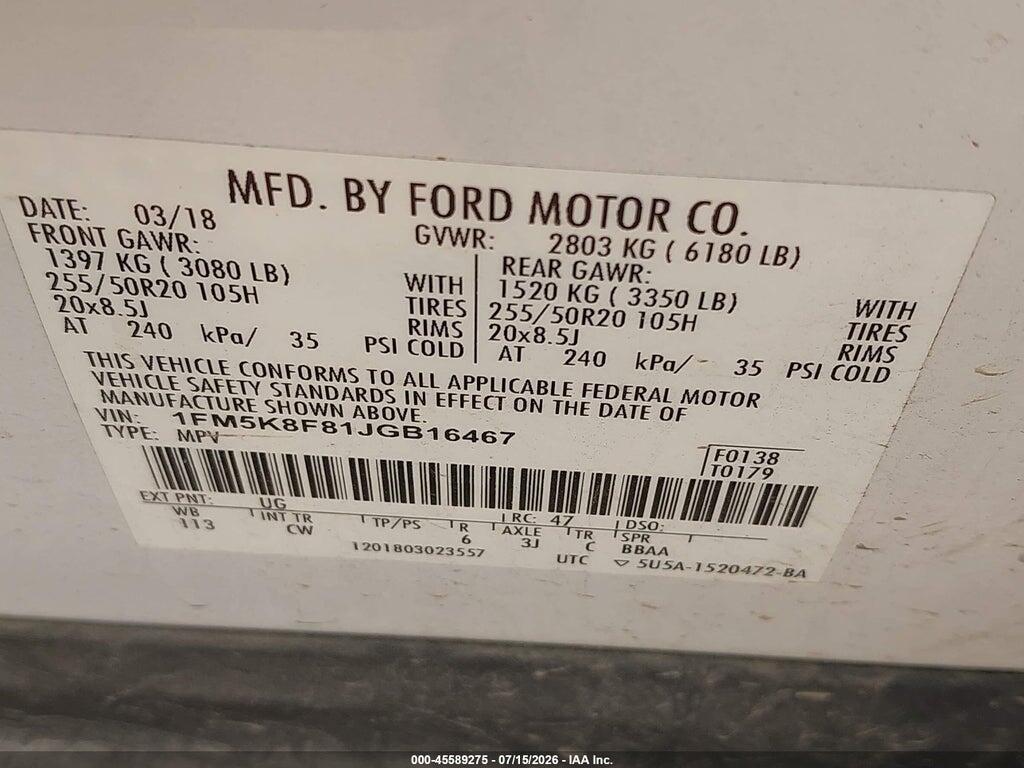 1FM5K8F81JGB16467 2018 FORD EXPLORER photo no. 9
