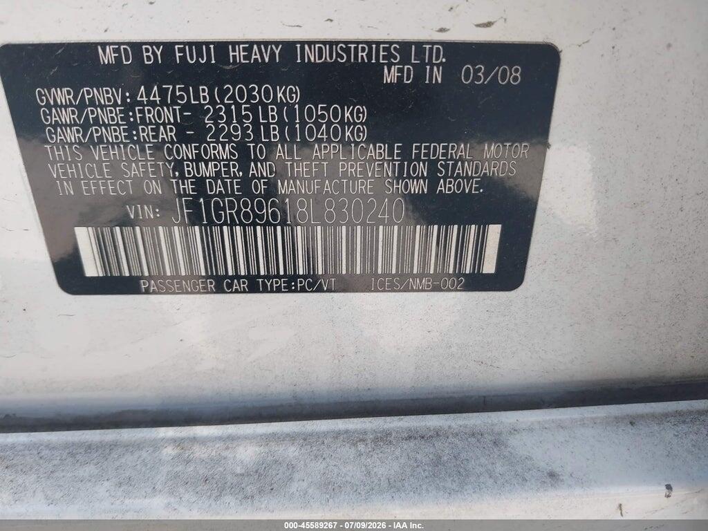 JF1GR89618L830240 2008 SUBARU IMPREZA WRX STI photo no. 9