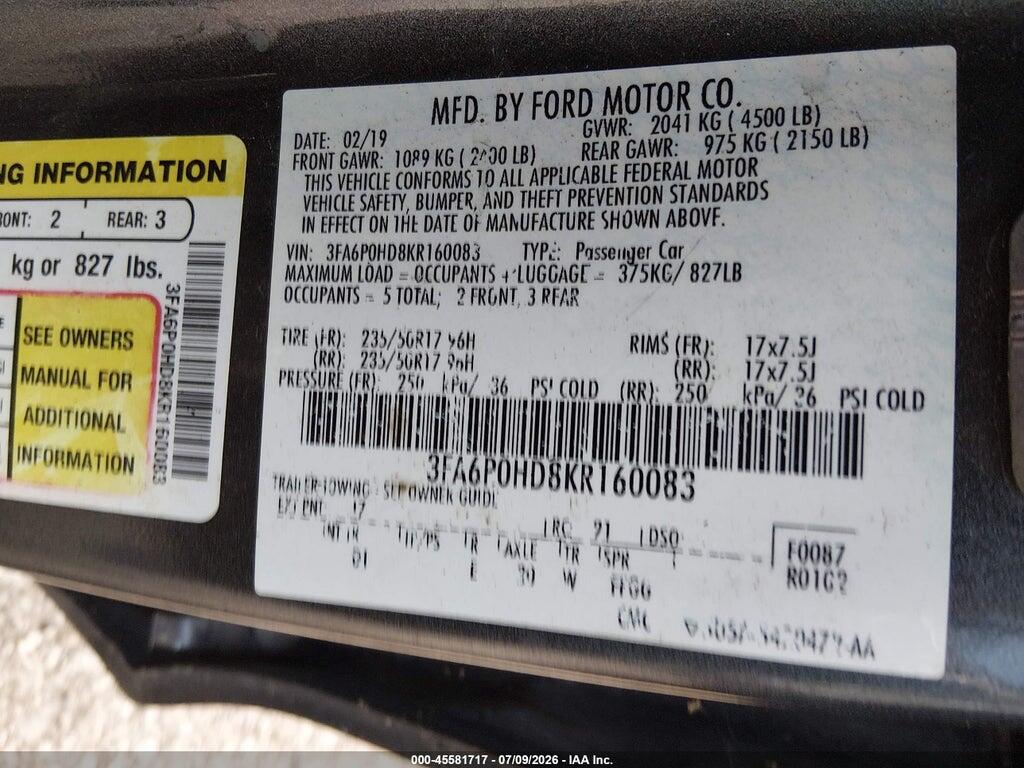3FA6P0HD8KR160083 2019 FORD FUSION photo no. 9
