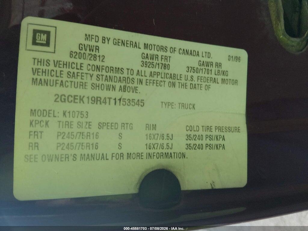 2GCEK19R4T1153545 1996 CHEVROLET GMT-400 photo no. 9
