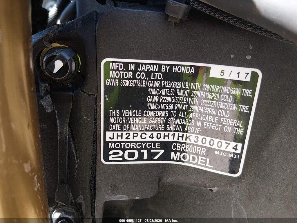 JH2PC40H1HK300074 2017 HONDA CBR600 photo no. 10