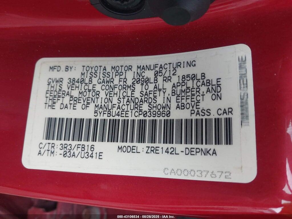 5YFBU4EE1CP039960 2012 TOYOTA COROLLA photo no. 9