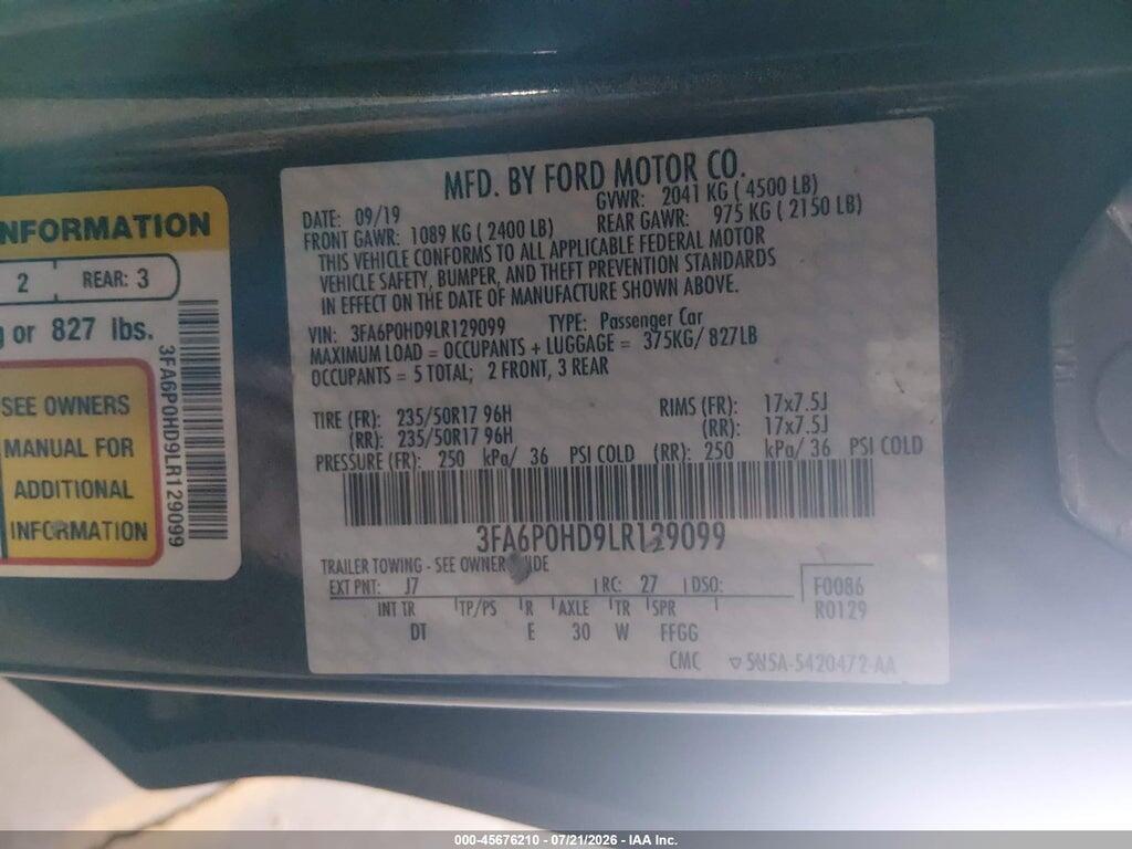 3FA6P0HD9LR129099 2020 FORD FUSION photo no. 9