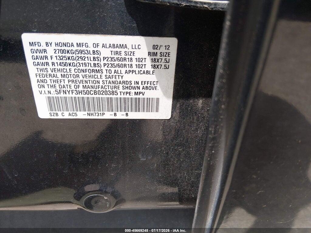 5FNYF3H50CB020385 2012 HONDA PILOT photo no. 9