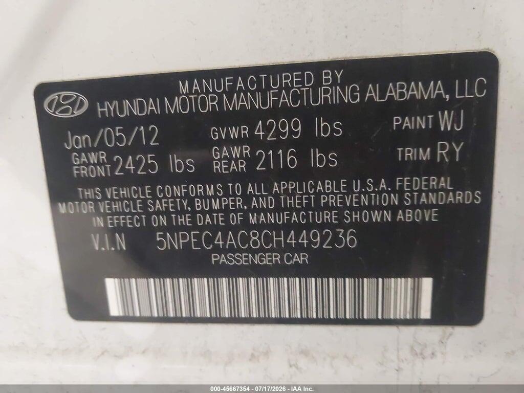 5NPEC4AC8CH449236 2012 HYUNDAI SONATA photo no. 9