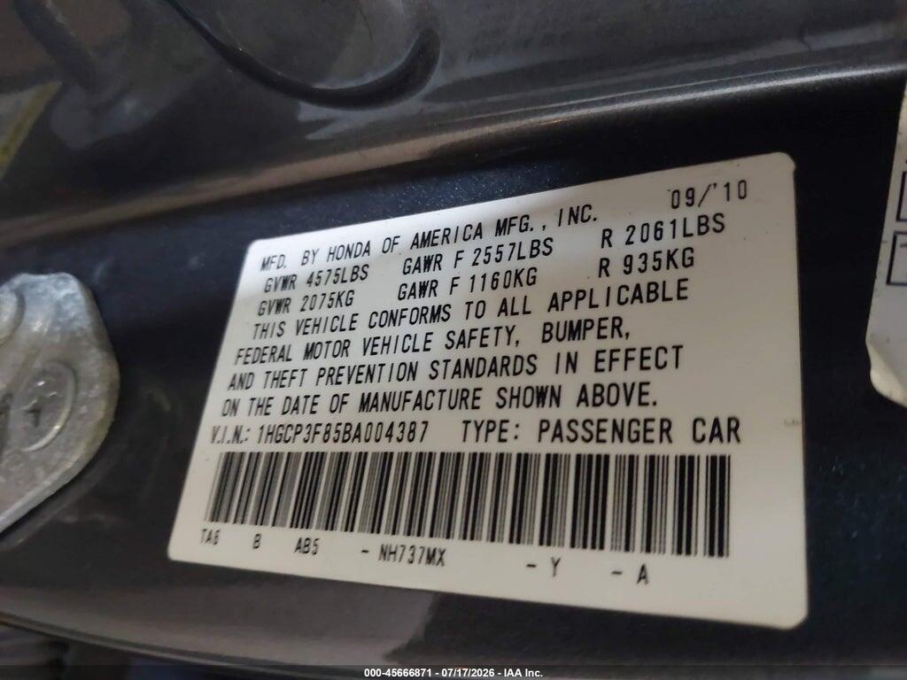 1HGCP3F85BA004387 2011 HONDA ACCORD photo no. 9