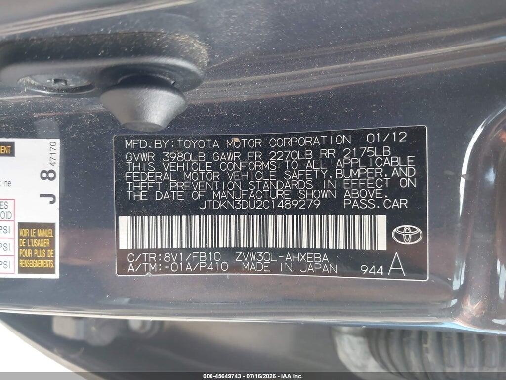 JTDKN3DU2C1489279 2012 TOYOTA PRIUS photo no. 9