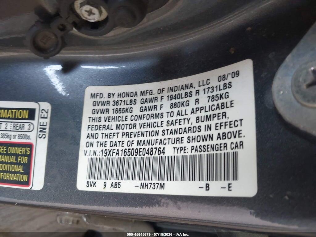 19XFA16509E048764 2009 HONDA CIVIC photo no. 9