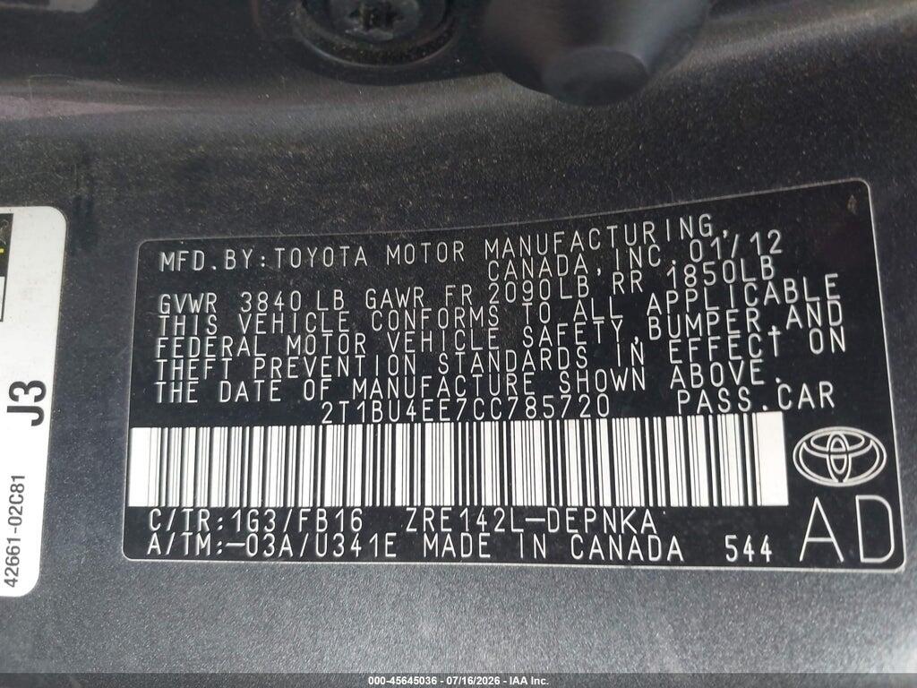 2T1BU4EE7CC785720 2012 TOYOTA COROLLA photo no. 9