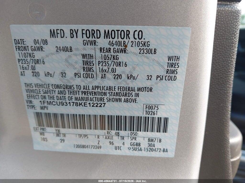 1FMCU93178KE12227 2008 FORD ESCAPE photo no. 9