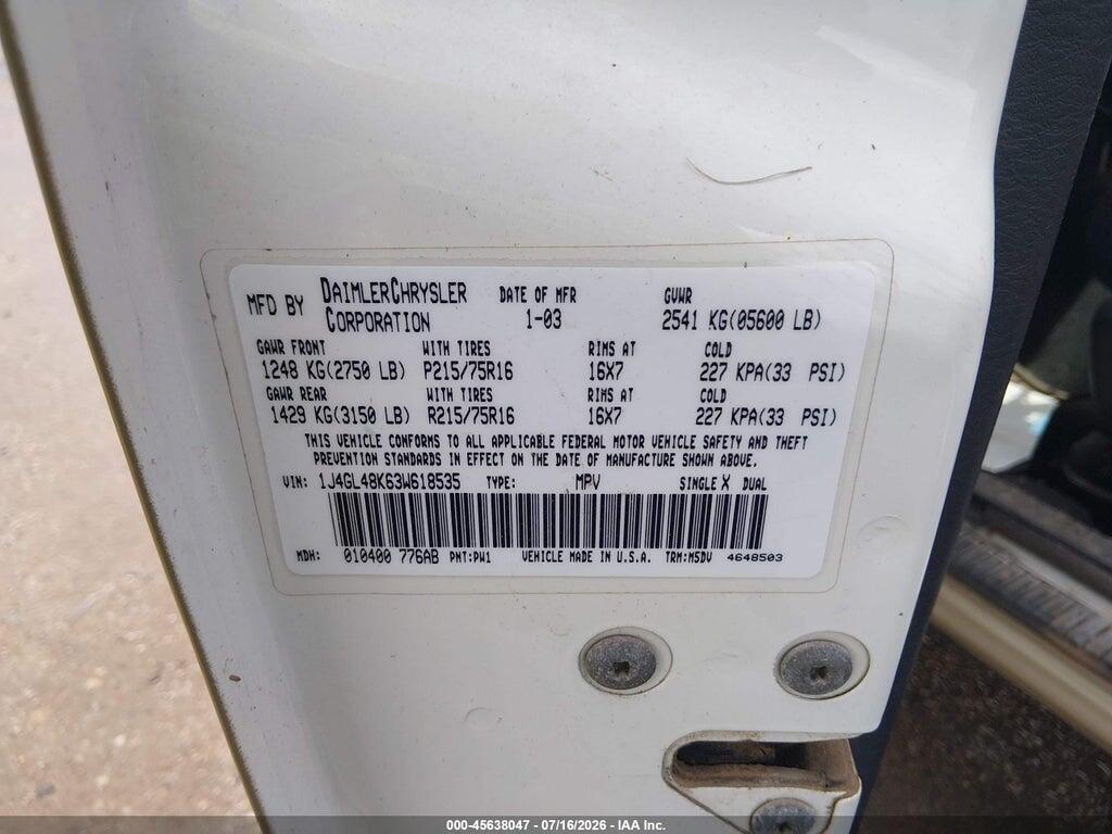 1J4GL48K63W618535 2003 JEEP LIBERTY photo no. 9