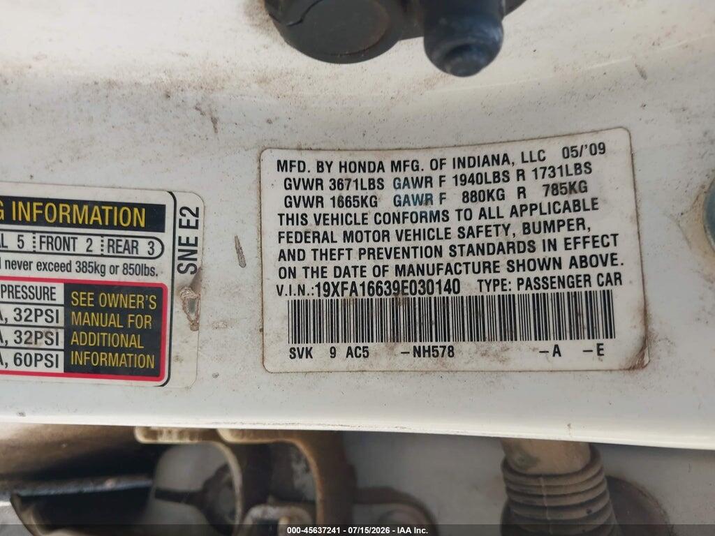 19XFA16639E030140 2009 HONDA CIVIC photo no. 9