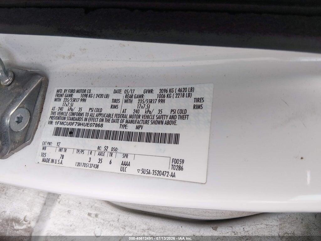 1FMCU0F79HUE07868 2017 FORD ESCAPE photo no. 9