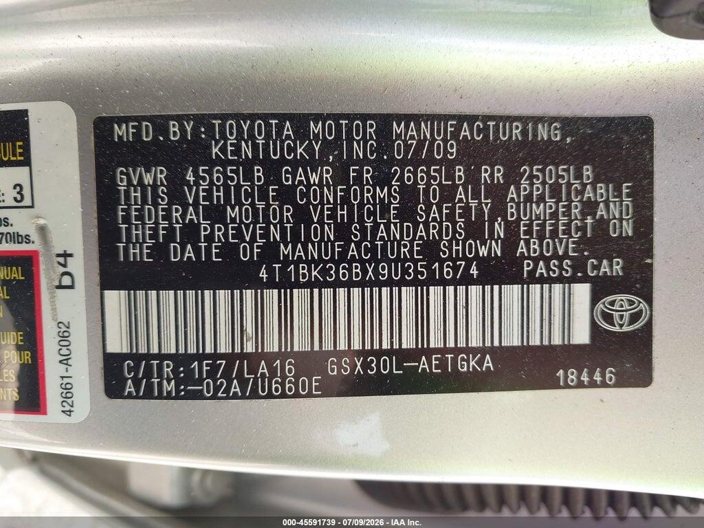 4T1BK36BX9U351674 2009 TOYOTA AVALON photo no. 9
