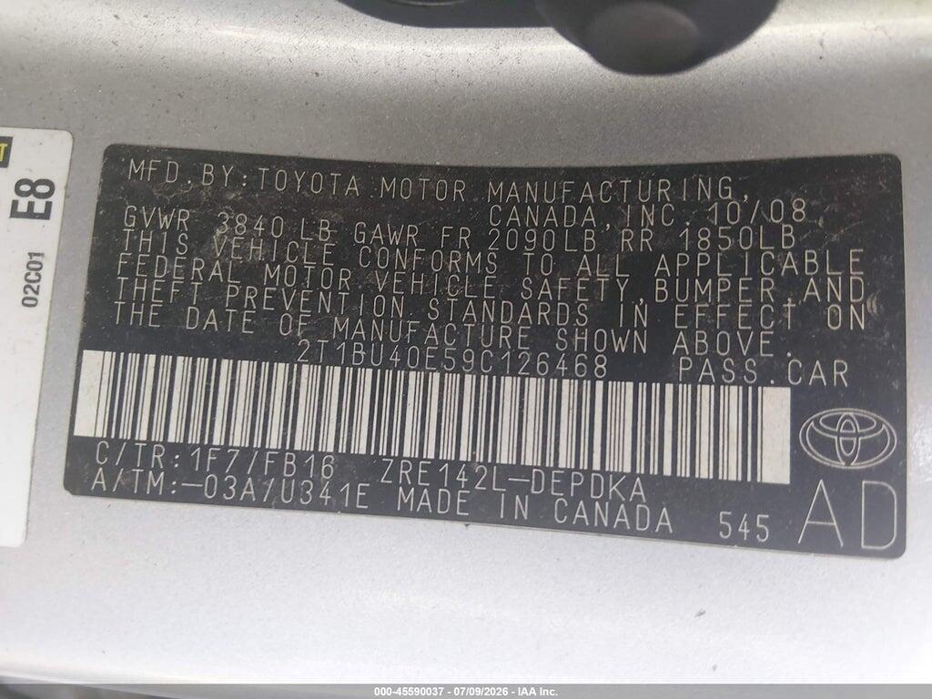 2T1BU40E59C126468 2009 TOYOTA COROLLA photo no. 9