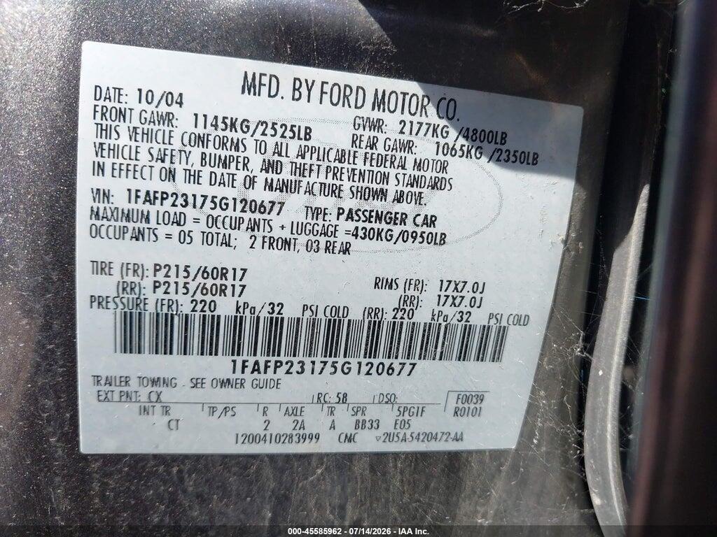 1FAFP23175G120677 2005 FORD FIVE HUNDRED photo no. 9