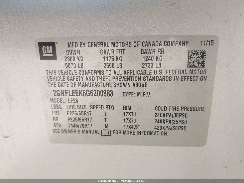2GNFLEEK6G6200883 2016 CHEVROLET EQUINOX photo no. 9