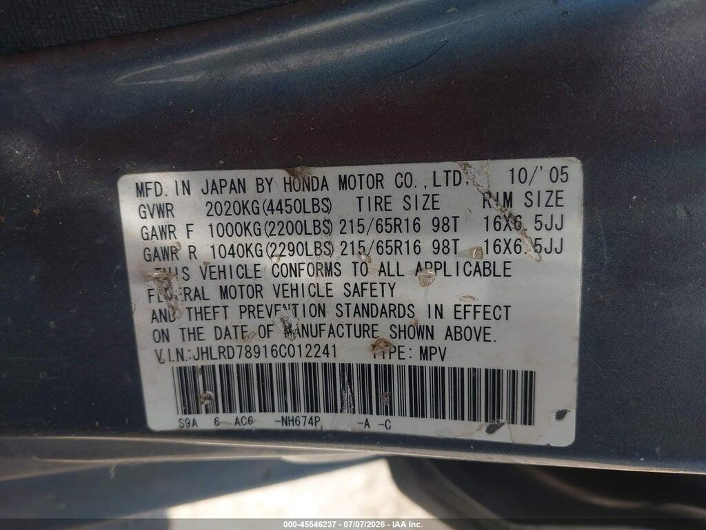 JHLRD78916C012241 2006 HONDA CR-V photo no. 9