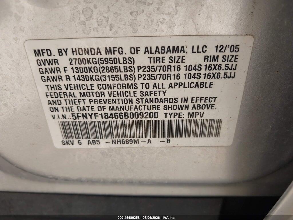 5FNYF18466B009200 2006 HONDA PILOT photo no. 9