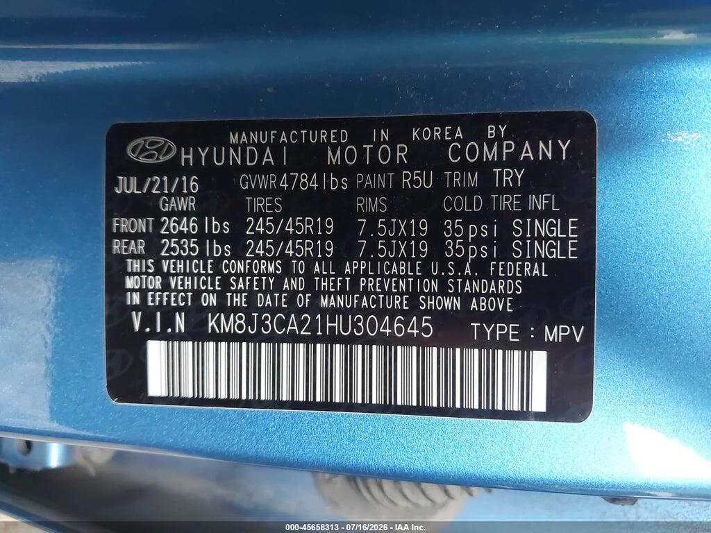 KM8J3CA21HU304645 2017 HYUNDAI TUCSON photo no. 9
