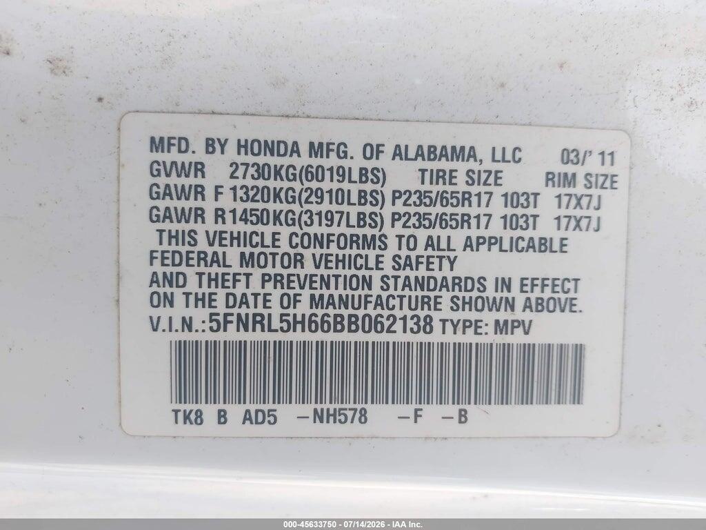 5FNRL5H66BB062138 2011 HONDA ODYSSEY photo no. 9