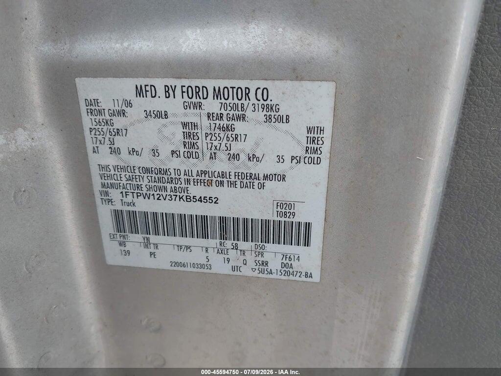 1FTPW12V37KB54552 2007 FORD F-150 photo no. 9