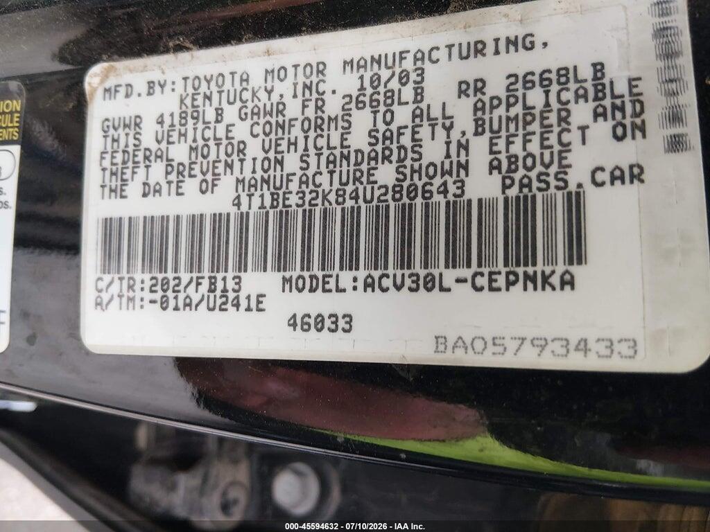 4T1BE32K84U280643 2004 TOYOTA CAMRY photo no. 9