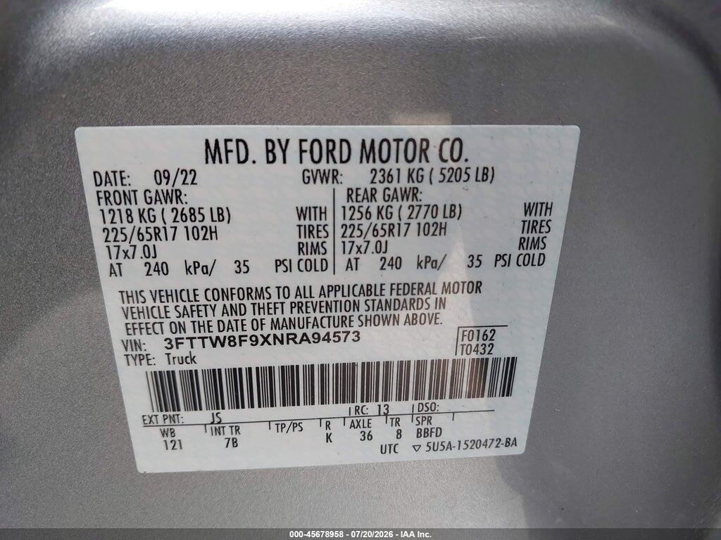3FTTW8F9XNRA94573 2022 FORD MAVERICK photo no. 9
