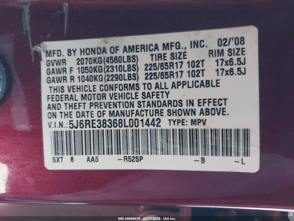 5J6RE38368L001442 2008 HONDA CR-V photo no. 9