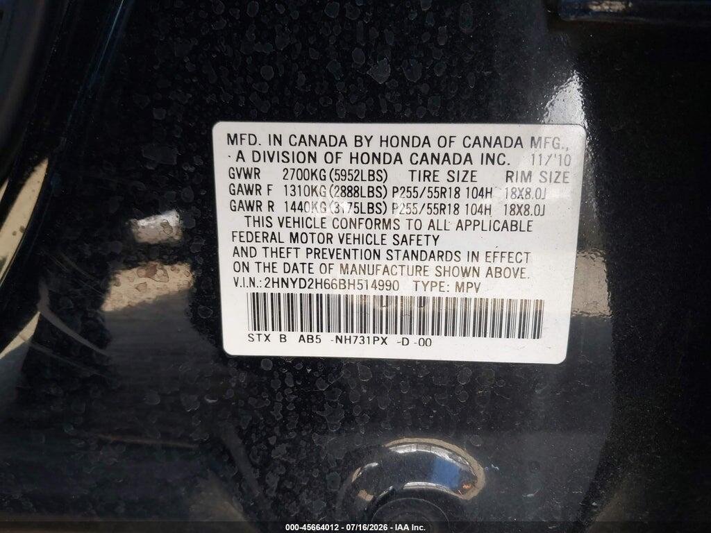 2HNYD2H66BH514990 2011 ACURA MDX photo no. 9