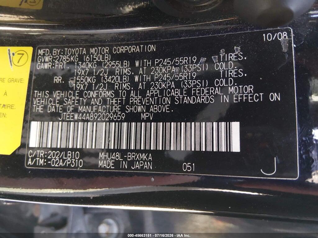 JTEEW44A892029659 2009 TOYOTA HIGHLANDER HYBRID photo no. 9