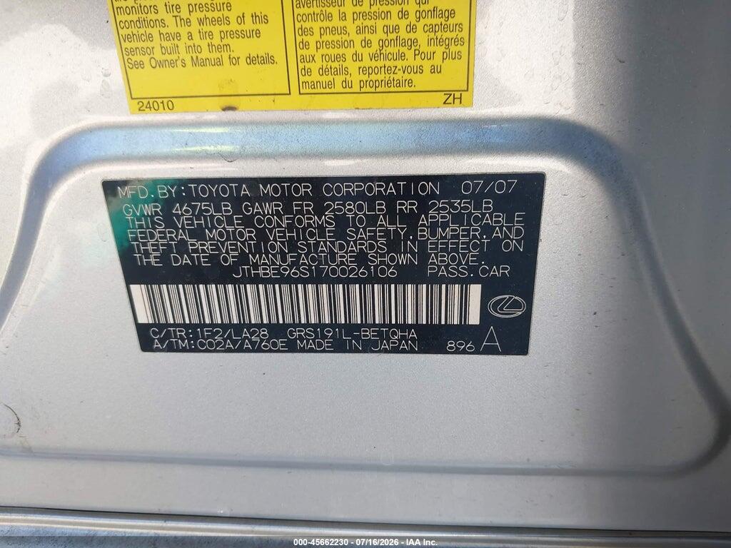 JTHBE96S170026106 2007 LEXUS GS 350 photo no. 9